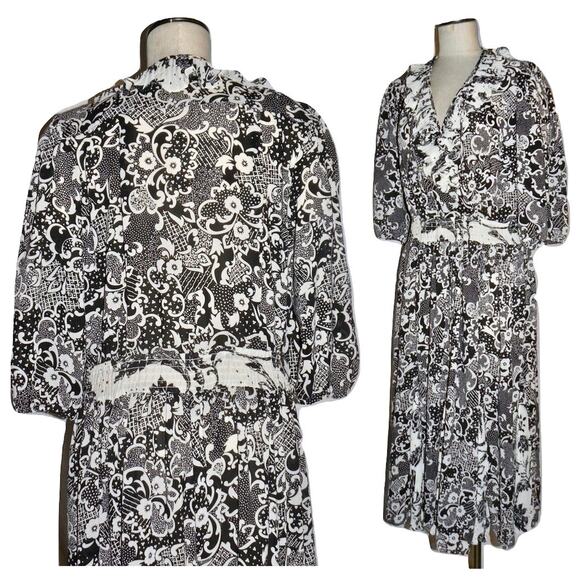 Vintage Susan Freis Georgette Graphic Print Midi Dress | Black & White | M/L - Picture 8 of 10